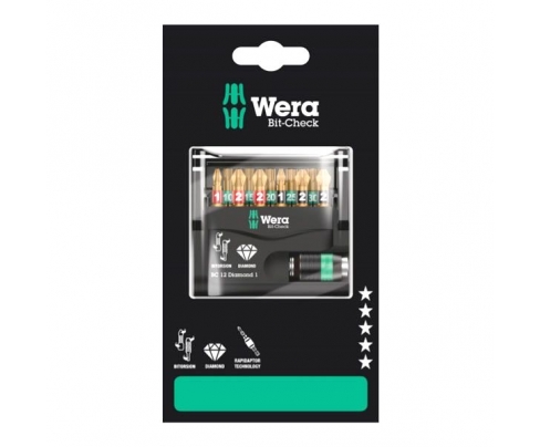 Bit-Check 12 Diamond 1 SB Набор насадок (PH, PZ, TX) и держатель Wera WE-136392