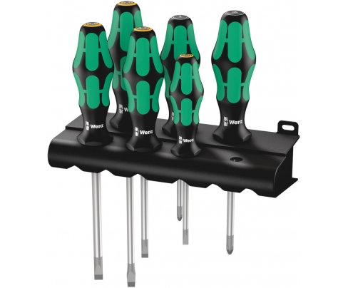 Набор отверток SL PZ Wera Kraftform Plus Lasertip 334/355/6 Rack WE-105656 + подставка